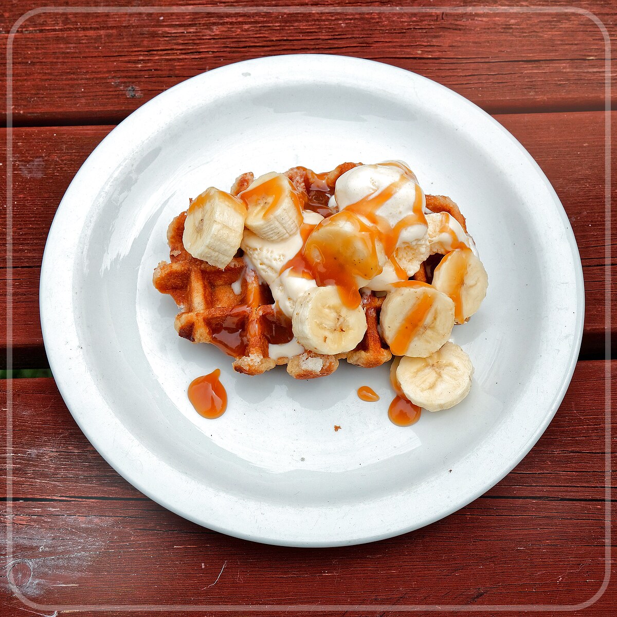A plated serving of Almond Waffles With Ice Cream