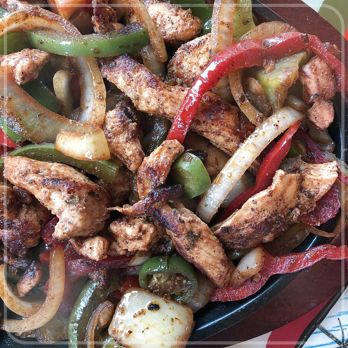 A plated serving of Chicken Fajitas